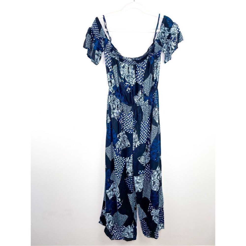Earthbound Blue Patchwork Off the Shoulder Jumpsuit‎ Size M